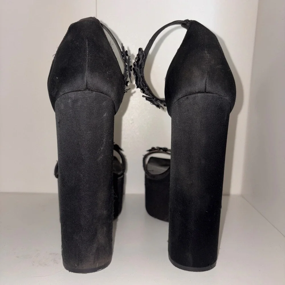 Versace Black Satin Floral Crystal Platform Sandals Medusa Block Heel Size 40